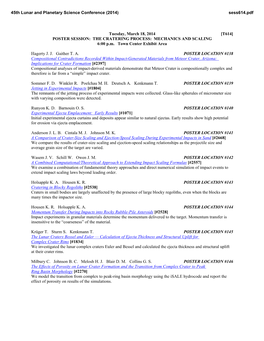 POSTER SESSION: the CRATERING PROCESS: MECHANICS and SCALING 6:00 P.M