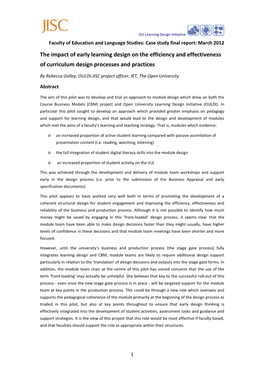 The Impact of Early Learning Design on the Efficiency and Effectiveness of Curriculum Design Processes and Practices