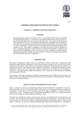 Criteria for Liquefaction of Silty Soils