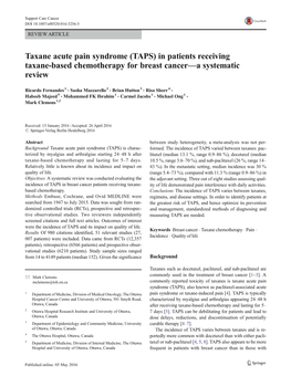 Taxane Acute Pain Syndrome (TAPS) in Patients Receiving Taxane-Based Chemotherapy for Breast Cancer—A Systematic Review