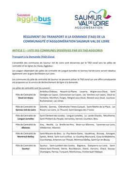 Règlement Du Transport a La Demande (Tad) De La Communauté D’Agglomération Saumur Val De Loire