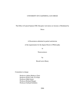 UNIVERSITY of CALIFORNIA, SAN DIEGO the Effect of Lateral Septum