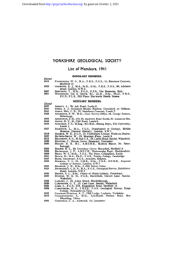 YORKSHIRE GEOLOGICAL SOCIETY List of Members, 1941