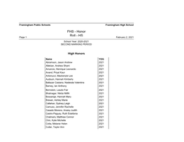 FHS - Honor Roll - HS Page 1 February 2, 2021 School Year: 2020-2021 SECOND MARKING PERIOD