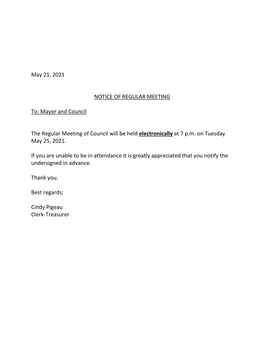 May 21, 2021 NOTICE of REGULAR MEETING To