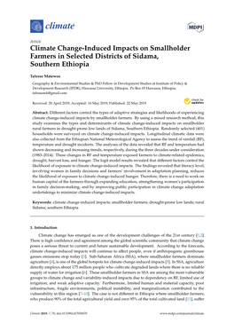 Climate Change-Induced Impacts on Smallholder Farmers in Selected Districts of Sidama, Southern Ethiopia