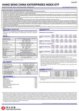 HANG SENG CHINA ENTERPRISES INDEX ETF (SEHK STOCK CODE：2828 – HKD Counter /82828 – RMB Counter)