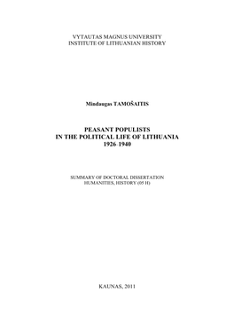 Peasant Populists in the Political Life of Lithuania 1926–1940