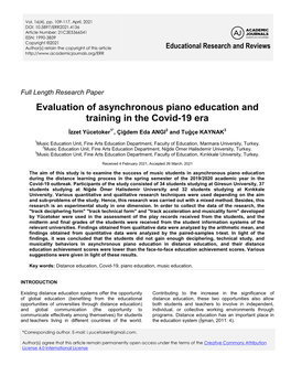 Evaluation of Asynchronous Piano Education and Training in the Covid-19 Era