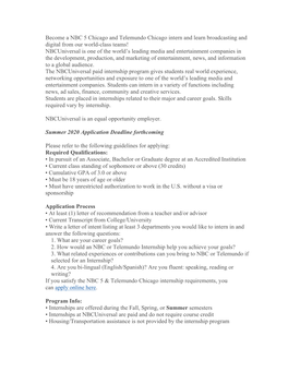 Become a NBC 5 Chicago and Telemundo Chicago Intern and Learn Broadcasting and Digital from Our World-Class Teams! Nbcuniversal