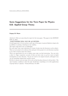 Some Suggestions for the Term Paper for Physics 618: Applied Group Theory