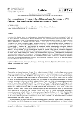 New Observations on Myxozoa of the Goldline Sea Bream Sarpa Salpa L