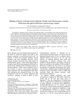 Binding of Heme to Human Serum Albumin: Steady-State Fluorescence, Circular Dichroism and Optical Difference Spectroscopic Studi