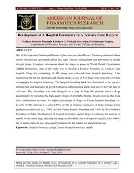 Development of a Hospital Formulary in a Tertiary Care Hospital