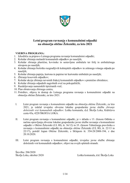Letni Program Ravnanja S Komunalnimi Odpadki Na Območju Občine Železniki, Za Leto 2021