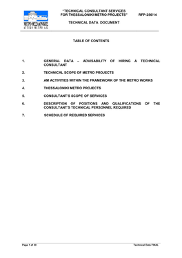 “Technical Consultant Services for Thessaloniki Metro Projects” Technical Data Document Rfp-256/14 Table of Contents 1. G