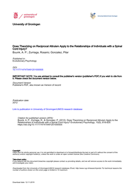 Does Theorizing on Reciprocal Altruism Apply to the Relationships of Individuals with a Spinal Cord Injury? Buunk, A