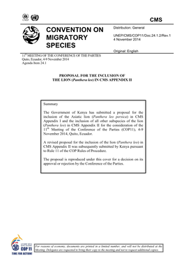 PROPOSAL for the INCLUSION of the LION (Panthera Leo) in CMS APPENDIX II