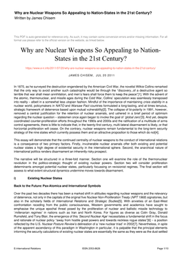 Why Are Nuclear Weapons So Appealing to Nation-States in the 21St Century? Written by James Chisem