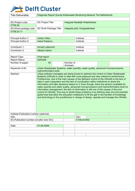 Title Deliverable: Diagnosis Report Gouda Wastewater Monitoring Network the Netherlands