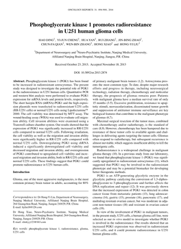 Phosphoglycerate Kinase 1 Promotes Radioresistance in U251 Human Glioma Cells