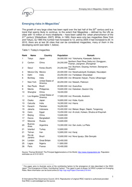 Emerging Risks in Megacities, October 2010