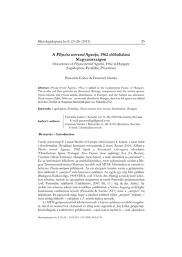 Occurrence of Phycita Torrenti Agenjo, 1962 in Hungary (Lepidoptera: Pyralidae, Phycitinae)