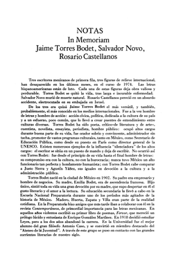 NOTAS in Memoriam Jaime Torres Bodet, Salvador Novo, Rosario Castellanos