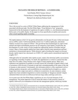 MANAGING the RISK of REPTILES - a CLOSER LOOK Scott Hardin, PIJAC Science Advisor Vincent Russo, Cutting Edge Herpetological, Inc