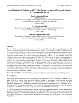 Use of Traditional Medicine by HIV/AIDS Patients in Kumasi Metropolis, Ghana: a Cross-Sectional Survey