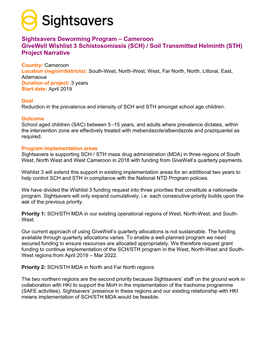 Sightsavers Deworming Program – Cameroon Givewell Wishlist 3 Schistosomiasis (SCH) / Soil Transmitted Helminth (STH) Project Narrative