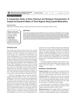 A Comparative Study of Some Chemical and Biological Characteristics of Coastal and Estuarine Waters of Three Regions Along Coastal Maharashtra