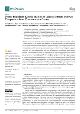 Urease Inhibitory Kinetic Studies of Various Extracts and Pure Compounds from Cinnamomum Genus