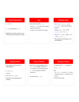 Functional Dependencies Keys Armstrong's Axioms Splitting