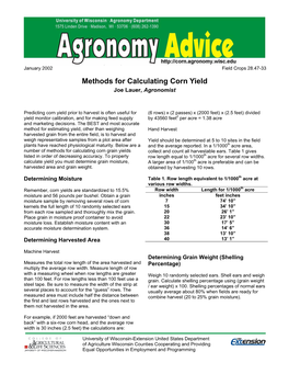 Methods for Calculating Corn Yield Joe Lauer, Agronomist