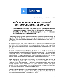 Raúl Di Blasio Se Reencontrará Con Su Público En El Lunario