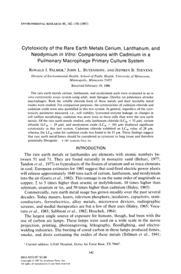 Cytotoxicity of the Rare Earth Metals Cerium, Lanthanum, and Neodymium in Vitro: Comparisons with Cadmium in a Pulmonary Macrophage Primary Culture System