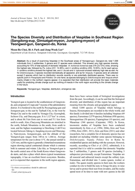 The Species Diversity and Distribution of Vespidae in Southeast Region (Sangdong-Eup, Gimsatgat-Myeon, Jungdong-Myeon) of Yeongwol-Gun, Gangwon-Do, Korea