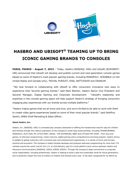 Hasbro and Ubisoft® Teaming up to Bring Iconic Gaming Brands to Consoles