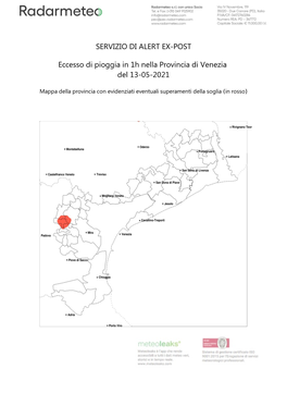 SERVIZIO DI ALERT EX-POST Eccesso Di Pioggia in 1H Nella Provincia Di Venezia Del 13-05-2021