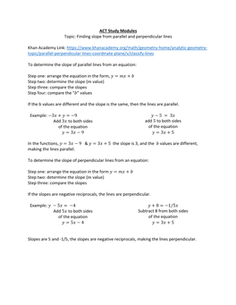 ACT Study Modules Topic: Finding Slope from Parallel and Perpendicular Lines