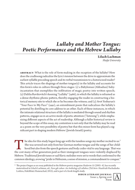 Poetic Performance and the Hebrew Lullaby Lilach Lachman Haifa University