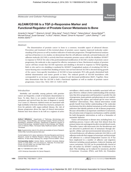 ALCAM/CD166 Is a TGF-B–Responsive Marker and Functional Regulator of Prostate Cancer Metastasis to Bone