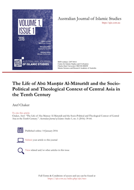 The Life of Abū Manṣūr Al-Māturīdī and the Socio- Political and Theological Context of Central Asia in the Tenth Century
