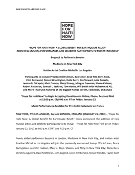 “Hope for Haiti Now: a Global Benefit for Earthquake Relief” Adds New Musical Performances and Celebrity Participants to Superstar Lineup