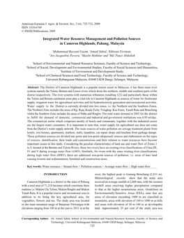 Integrated Water Resource Management and Pollution Sources in Cameron Highlands, Pahang, Malaysia