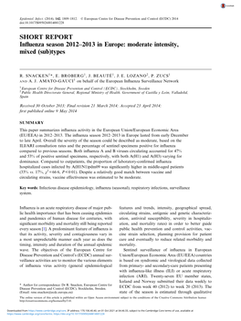 SHORT REPORT Influenza Season 2012–2013 in Europe: Moderate Intensity, Mixed (Sub)Types