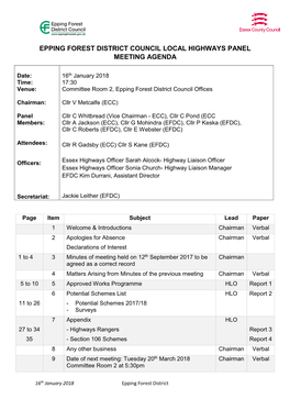 Epping Forest District Council Local Highways Panel Meeting Agenda