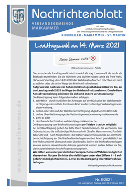 Nachrichtenblatt Verbandsgemeinde Mit Den Maikammer Amtlichen Bekanntmachungen Der Verbandsgemeinde Und Der Ortsgemeinden Kirrweiler • Maikammer • St