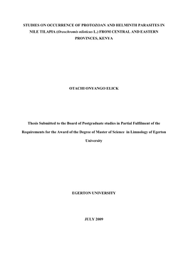 STUDIES on OCCURRENCE of PROTOZOAN, ACANTHOCEPHALAN and HELMINTH PARASITES in NILE TILAPIA (Oreochromis Niloticus L